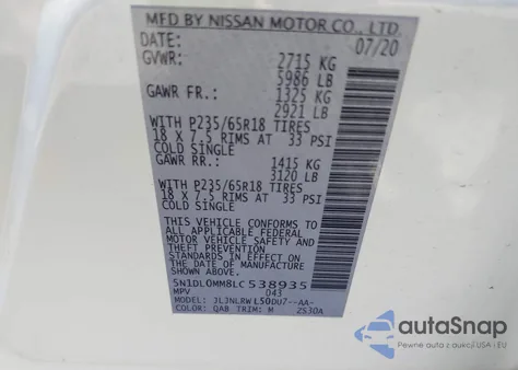 2020 Infiniti Qx60 Luxe Awd z USA, uszkodzony, nr VIN 5N1DL0MM8LC538935